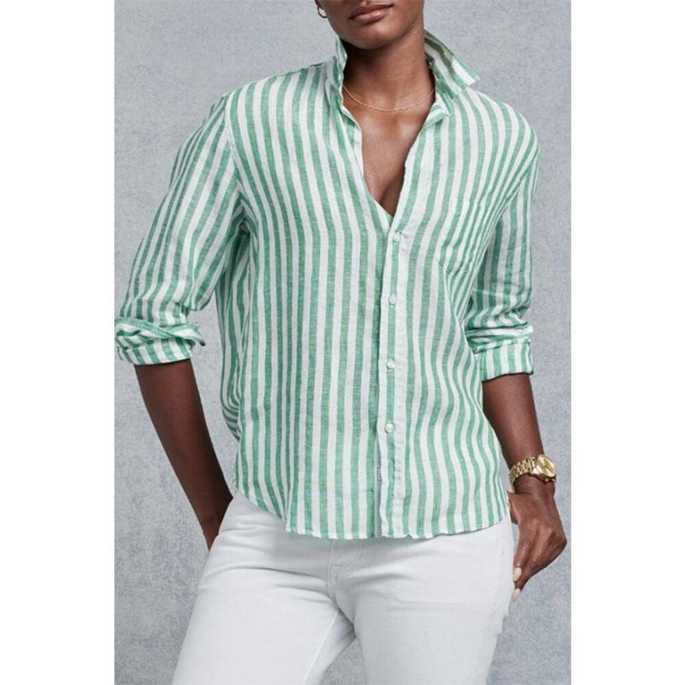 Frank & Eileen EILEEN Italian Classic Linen Button-Up Shirt Green White S $258